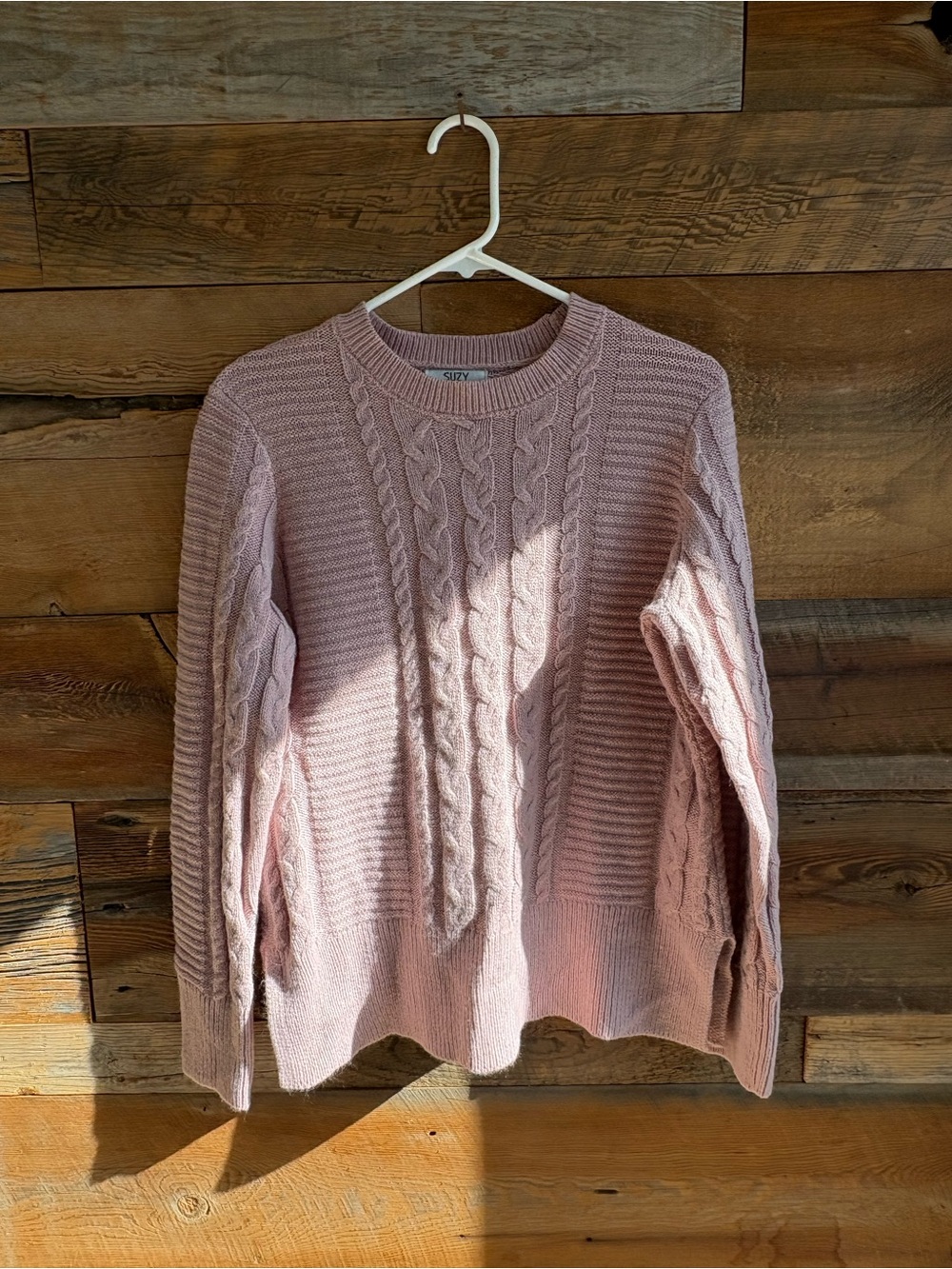 Suzy Shier Dusty Rose Cable Knit Crewneck Sweater